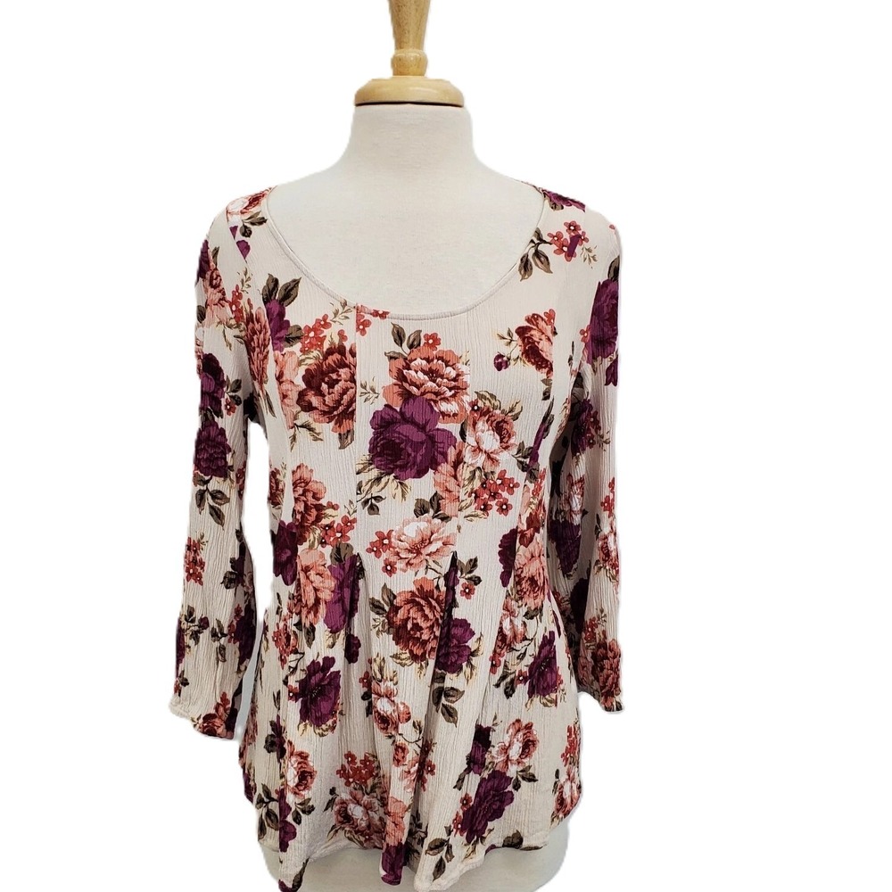 Torrid Womens‎ 2 Ivory Burgundy Floral Long Sleeve Peplum Babydoll Top Boho